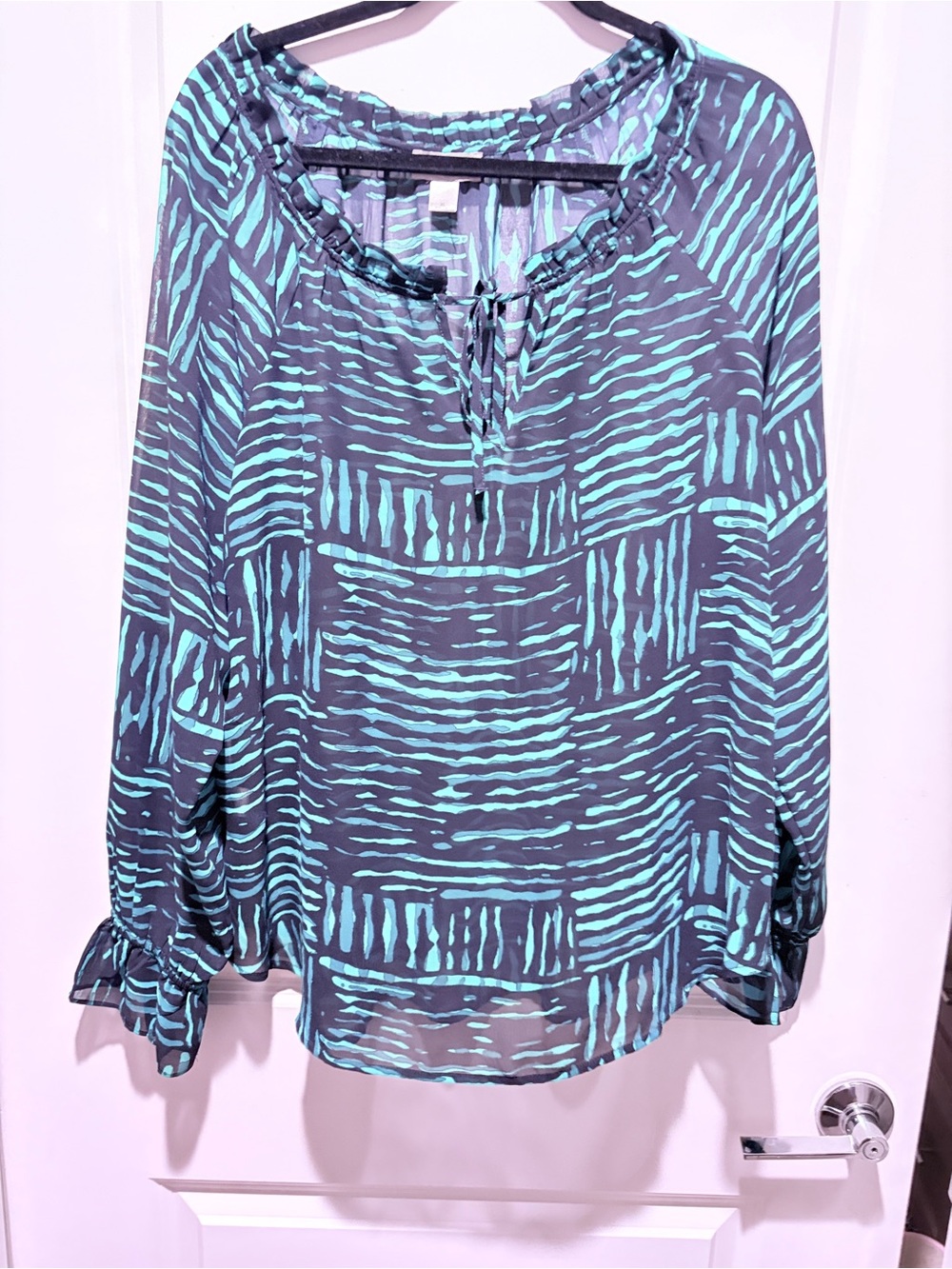 LOFT Teal and Black Patterned Long-Sleeve Peasant Blouse
